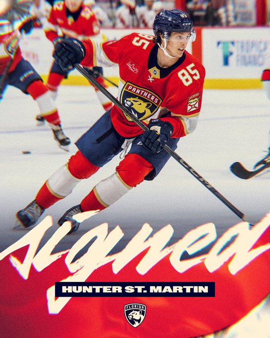 Graphic announcing we've signed Hunter St. Martin.

At the top there's a photo of him skating in full gear and a red home jersey. Below the photo it reads "signed" in beige, cursive font and his name 'Hunter St. Martin' sits in a navy box below it.