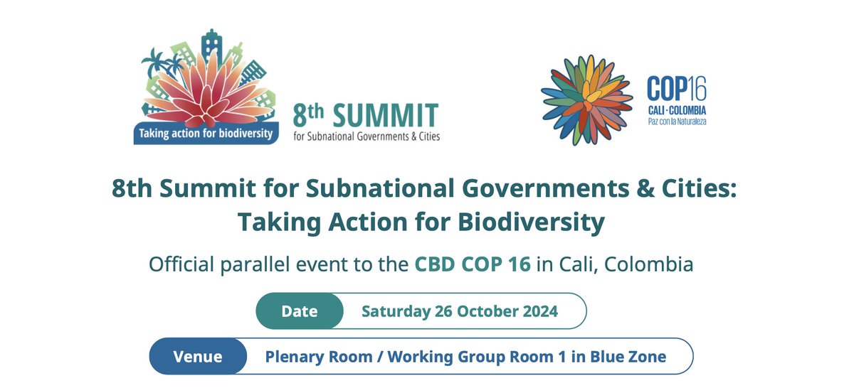 [#COP16Colombia] Join us for the 8th Summit of Subnational Govts &amp; Cities, convened by <a href="/ICLEI/">ICLEI</a>, <a href="/UNBiodiversity/">UN Biodiversity</a> &amp; <a href="/Regions4SD/">Regions4</a> . 
👀 <a href="/LPicourt/">Loreley Picourt 🧜🏼‍♀️</a> will provide an update on the Ocean Rise &amp; Coastal Resilience Coalition 
📅 26 October 
📍 WG Room 1, Blue Zone
💻 webtv.un.org/e