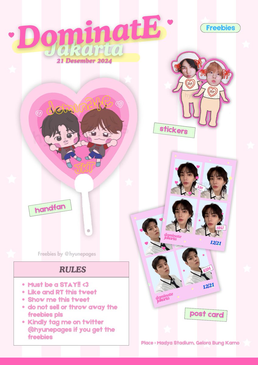 rt and like are appreciated ♡⸝⸝

୧ ‧₊˚ Stray Kids DominATE Tour in Jakarta 🎐 ⋅
➜ Freebies by <a href="/hyunepages/">fay ☻</a> 

🗓 21 december 2024
📍GBK Madya Stadium
⏰ TBA

꒰ #DominATE_JAKARTA ꒱