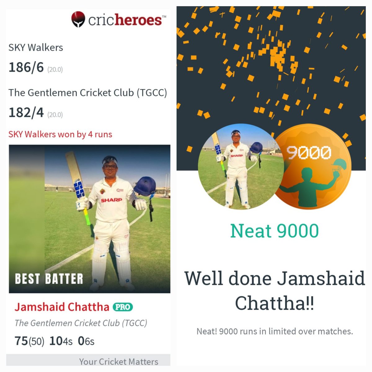 Jachattha's tweet photo. Humbled, 9000 mark achieved. Next stop 10,000 in T20. Today, it was very close but couldn't get over the line. You learn often with a loss. Age is just a number. Play what you love and passionate about. ♥️☘️👇. #markhorfighters #royalwarriors #doha #Chattha #MIC #qatar #tgcc https://t.co/R5z4VhWSqE