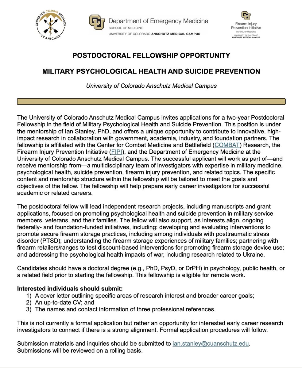 CU Center for COMBAT Research (@cucombatcenter) on Twitter photo We're looking to fill a post-doctoral #fellowship position with the <a href="/CUCombatCenter/">CU Center for COMBAT Research</a> + University of Colorado Firearm Injury Prevention Initiative focusing on #military psychological health & suicide prevention. Please view the information below about how to apply! #NowHiring We're looking to fill a post-doctoral #fellowship position with the <a href="/CUCombatCenter/">CU Center for COMBAT Research</a> + University of Colorado Firearm Injury Prevention Initiative focusing on #military psychological health & suicide prevention. Please view the information below about how to apply! #NowHiring