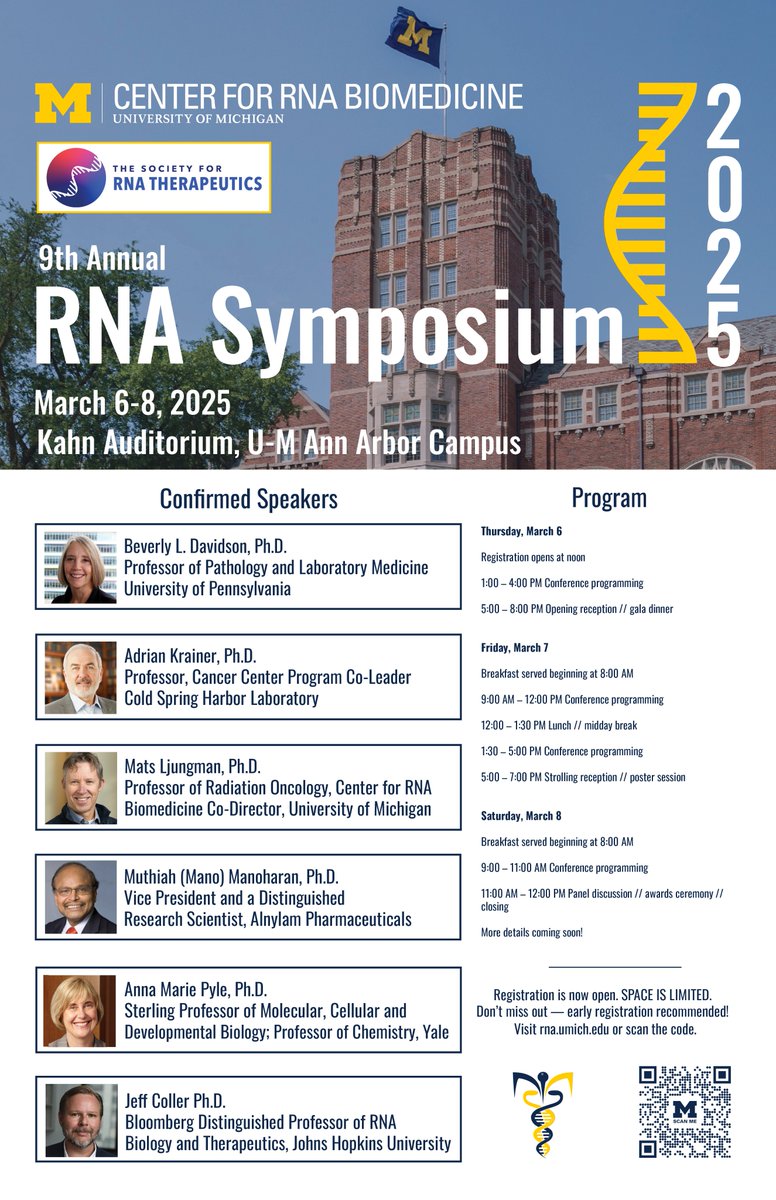UMich RNA Center 〽️🧬 (@umichrna) on Twitter photo ☑️Early registration OPEN!
Premier national event <a href="/umichrna/">UMich RNA Center 〽️🧬</a> 9th Annual RNA Symposium - March 6-8, 2025, hosted in partnership with <a href="/RNA_Therapeutic/">Society for RNA Therapeutics</a>
🤝Meet pioneering researchers in the field of RNA science and biomedicine
📜Submit your abstract👇
Visit rna.umich.edu/events-navigat… ☑️Early registration OPEN!
Premier national event <a href="/umichrna/">UMich RNA Center 〽️🧬</a> 9th Annual RNA Symposium - March 6-8, 2025, hosted in partnership with <a href="/RNA_Therapeutic/">Society for RNA Therapeutics</a>
🤝Meet pioneering researchers in the field of RNA science and biomedicine
📜Submit your abstract👇
Visit rna.umich.edu/events-navigat…