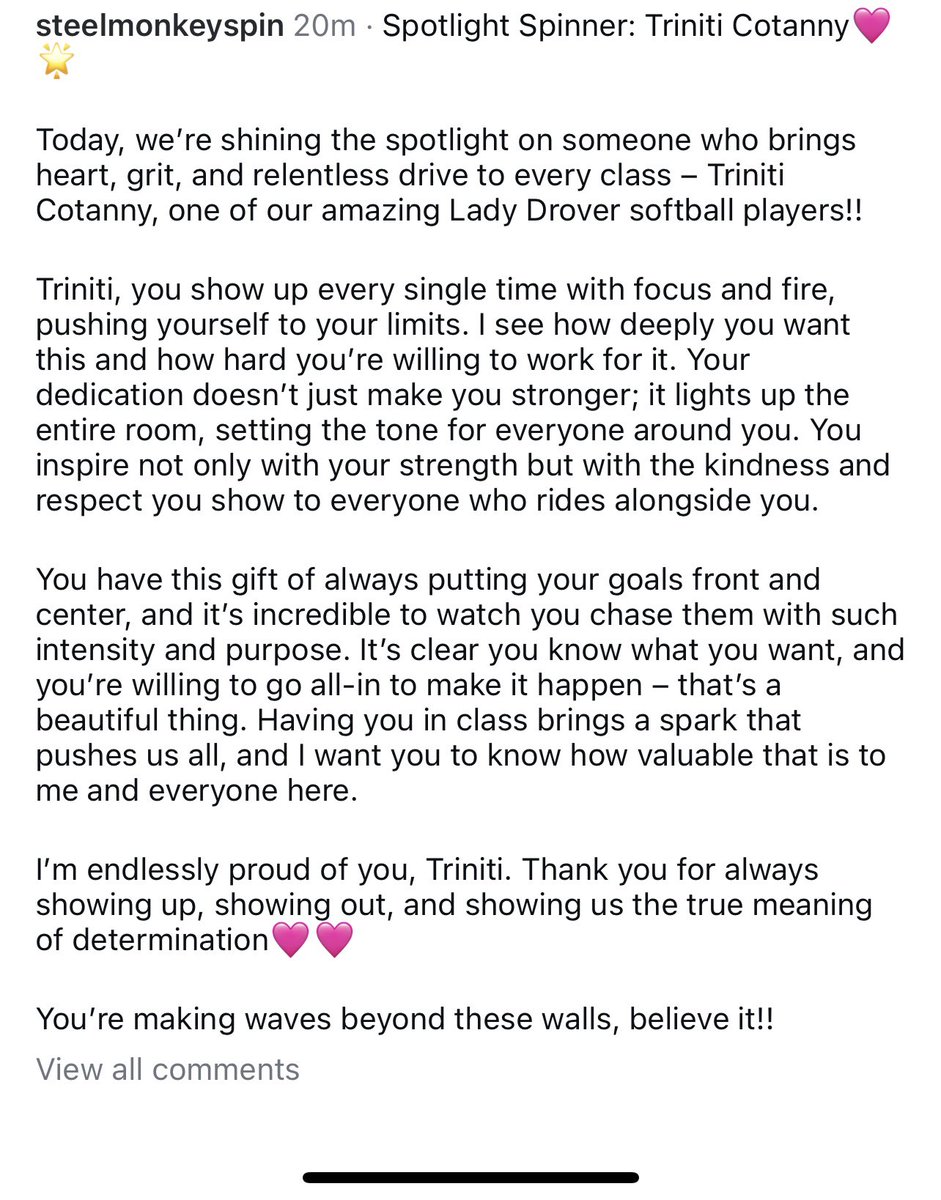 USAOsoftball's tweet photo. Our girl Triniti received the Spotlight Spinner achievement this Friday morning. 💗🚴🏻‍♀️ her character is perfectly well described by the instructor. We are proud to have her!! 💚💛👑 https://t.co/Wh955IW9HQ