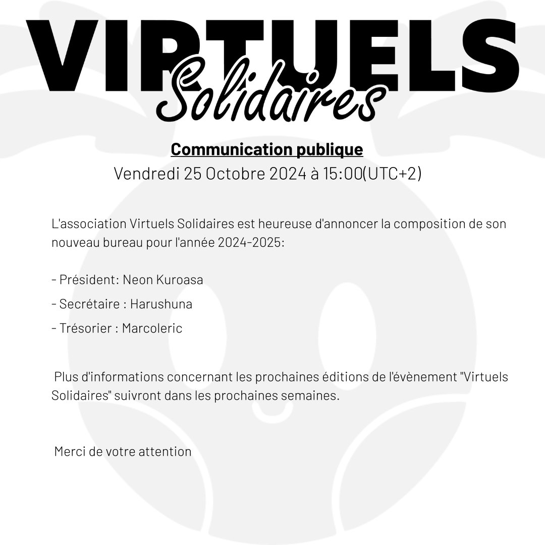VrtSolidaires's tweet photo. 〘COMMUNIQUÉ〙

Découvrez ci-joint la nouvelle organisation du bureau de l'association Virtuels Solidaires.

Merci de votre attention. https://t.co/ExvK6yaFKp