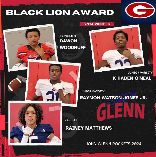 🦁BLACK LIONS🦁 

Congratulations to our Week 8 BLACK LION AWARD WINNERS!
#ENG  

Freshman: Dawon Woodruff
JV: Raymond Watson Jones JR
K’Haden O’Neal
Varsity: Rainey Matthews