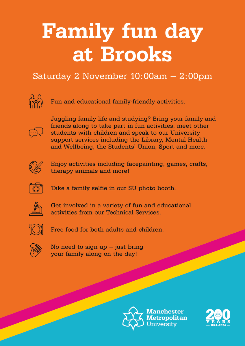 ‍Are you a Manchester apprentice juggling family life, studying, and working? 

 Join us for a Family Fun Day at the Brooks Building on Saturday, 2 November! 🎉 

 Meet other students and their families and connect with our University support services.

📸 More info in the image.