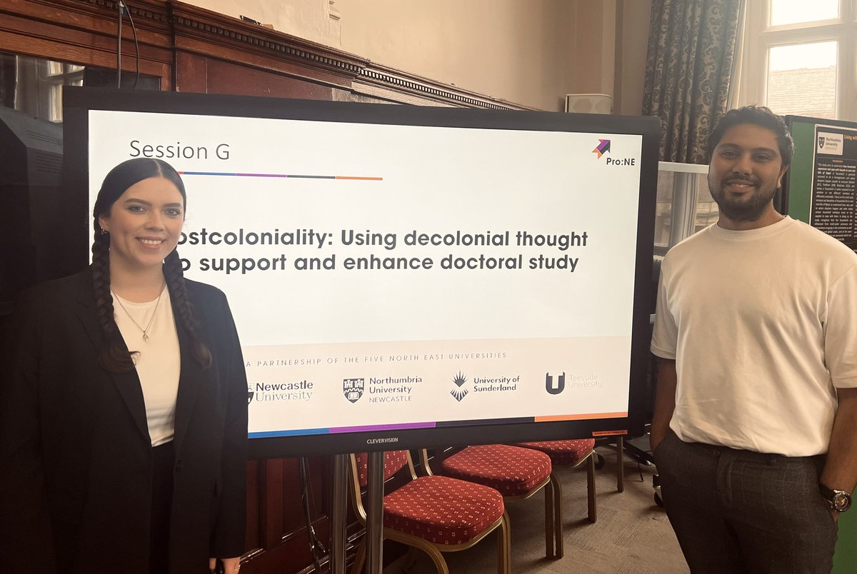 UoS_MAEdu's tweet photo. Charlotte &amp; Reece joined colleagues from the Faculty of Health Sciences &amp; Wellbeing to present at today’s @pro_northeast conference @NorthumbriaUni. The team shared decolonial practices in research with peers across our 5 North East Universities 🌍 @MissFeather_ https://t.co/waegqxY7SK