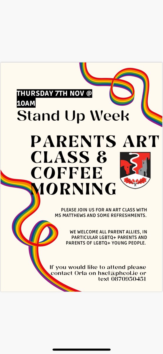 To celebrate Stand Up Week we are hosting Parents Art Class and Coffee Morning for LGBTQ+ Parents, Parents of LGBTQ+ young people and Allies on Thursday 7th November <a href="/10am/">☆♩ ♪ ♫ ♬♡</a>. See poster for further details.