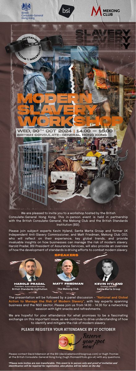 Pleased to be in #HongKong next week at #ModernSlavery workshop organised by the UK Consulate <a href="/UKinHongKong/">UK in Hong Kong 🇬🇧</a>, <a href="/BSI_UK/">BSI UK</a> &amp; <a href="/TheMekongClub/">The Mekong Club</a>. This will bring together business leaders, diplomats, and NGOs to explore opportunities to prevent &amp; respond to exploitation. <a href="/IF20org/">IF20</a> <a href="/arisefdn/">Arise</a>