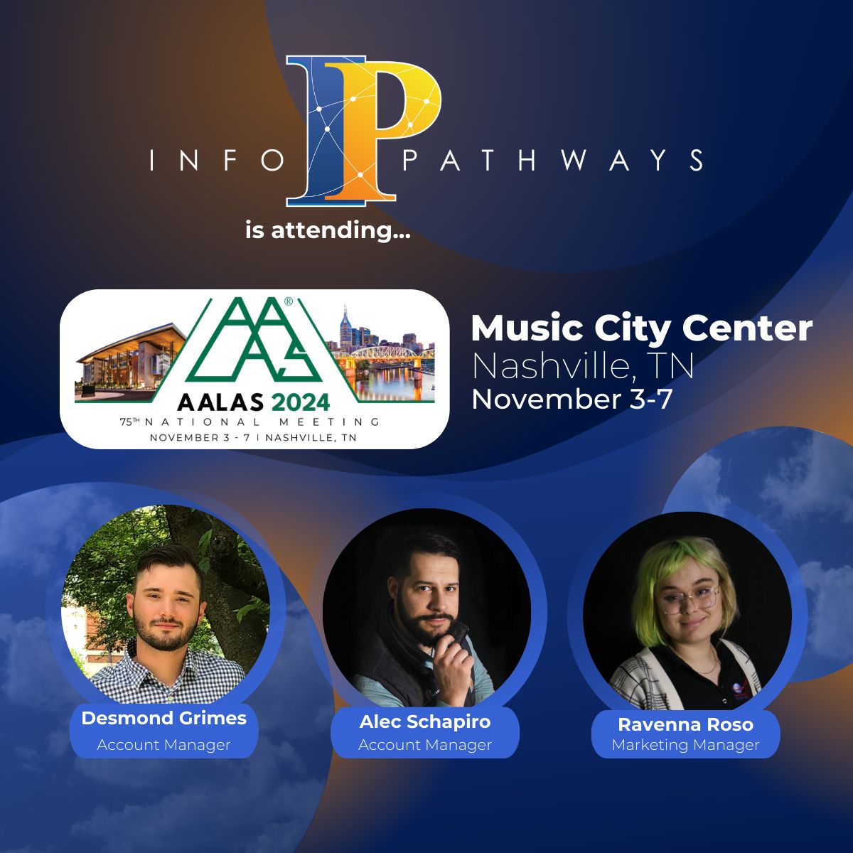 InfoPathways is headed to Nashville! 🤠 

We're excited to announce that we'll be exhibiting at the AALAS National Meeting 2024, the premier event for laboratory animal science professionals. Stop by Booth #945! Register here👉 buff.ly/4e0l6Hm
