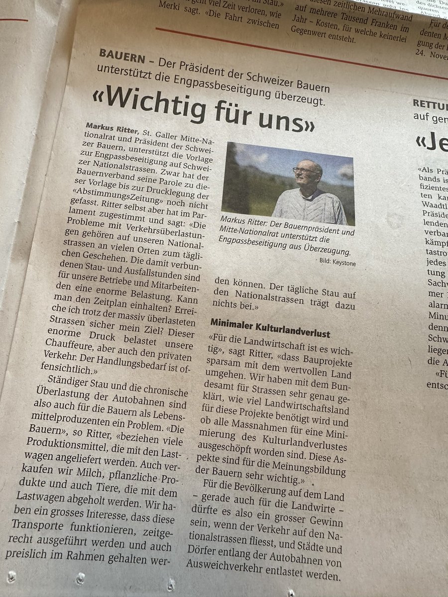 Wie war das jetzt bei der letzten Abstimmung mit der Ernährungssicherheit und das zu viel Land verloren geht <a href="/sbv/">Schweizer Bauernverband</a> ?
Wenn kein Land da ist für Biodiversität, dann ist auch kein Land da für Autobahnen! 
Oder ihr betreibt Doppelmoral. 
#autobahnausbau