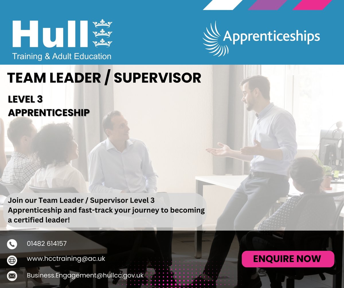 Hull Training and Adult Education (@hcctraining) on Twitter photo Team Leader / Supervisor Level 3 Apprenticeship
Are you ready to take your career to the next level? Join our Team Leader / Supervisor Level 3 Apprenticeship and become a certified leader!
For more information, contact Business.Engagement@hullcc.gov.uk or call 01482 614157. Team Leader / Supervisor Level 3 Apprenticeship
Are you ready to take your career to the next level? Join our Team Leader / Supervisor Level 3 Apprenticeship and become a certified leader!
For more information, contact Business.Engagement@hullcc.gov.uk or call 01482 614157.