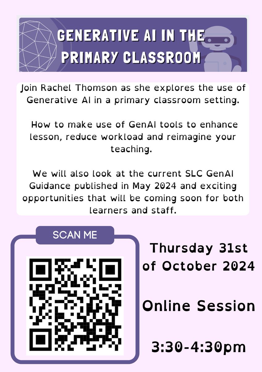 Artificial Intelligence CLPL Opportunity 🔔👏

Online Session - Generative AI in the Primary Classroom CLPL (For South Lanarkshire Council staff only)

Thursday 31 November 2024 3:30-4:30pm

Please find the sign up link and more information below!