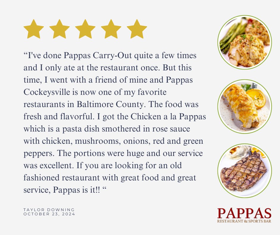 PappasCrabCakes's tweet photo. Thank you so much to Taylor for writing this amazing review, and for choosing Pappas for lunch with your friend! We are thrilled you enjoyed yourself and Pappas so much, and we're honored to be your new favorite spot in town.  Come back and see us again soon! https://t.co/UFUbu3ZD8c