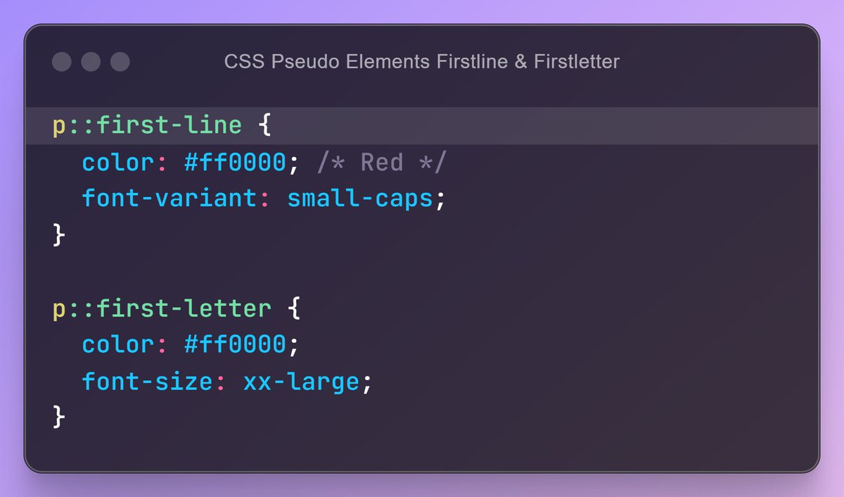 iRahul_Devadiga's tweet image. Day 35 #FirstLine and #FirstLetter (2/6)
Pseudo-elements ::first-line and ::first-letter are perfect for custom styling text!
#CSS #WebDev #FullStackDeveloper #PublicLearning