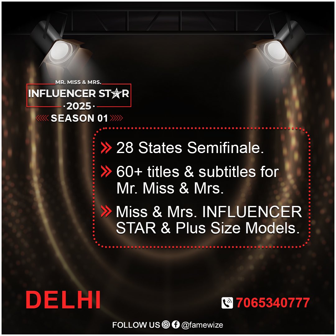 famewize's tweet photo. Mr. Miss &amp; Mrs. Influencer Star - 2025 (Season-1)
*ALL INDIA AUDITIONS*
•Celebrity Guest - #YuvikaChaudhary &amp; #SameerMark
#famewize #fashionshow #influencerstar https://t.co/1aqCcFhSap
