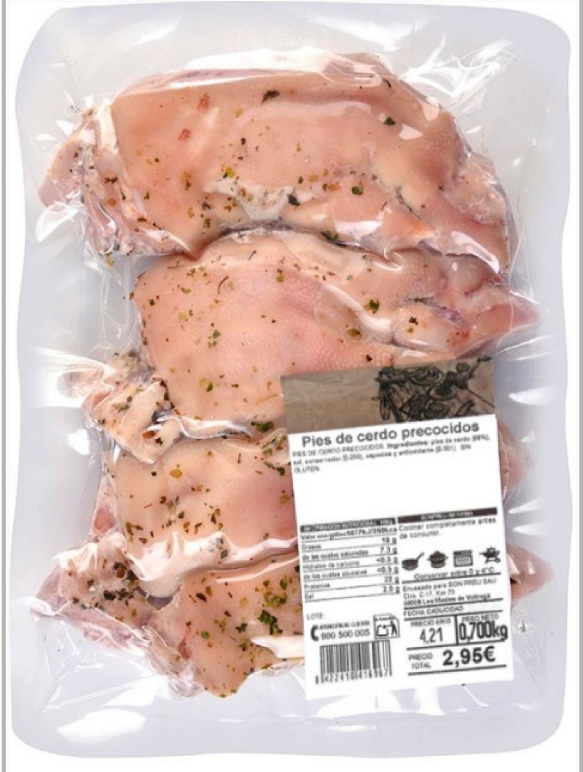 AESAN_gob_es's tweet photo. Nombre: PIES DE CERDO PRECOCIDOS
✔️Nombre de marca: BONPREU
✔️Aspecto del producto: envasado al vacío 
✔️Número de lote: 136
✔️Código EAN: 8422410416967
✔️Fecha de caducidad: 01/11/2024
✔️Peso de unidad: 700 g 
✔️Temperatura: refrigerado https://t.co/biSHvERMct
