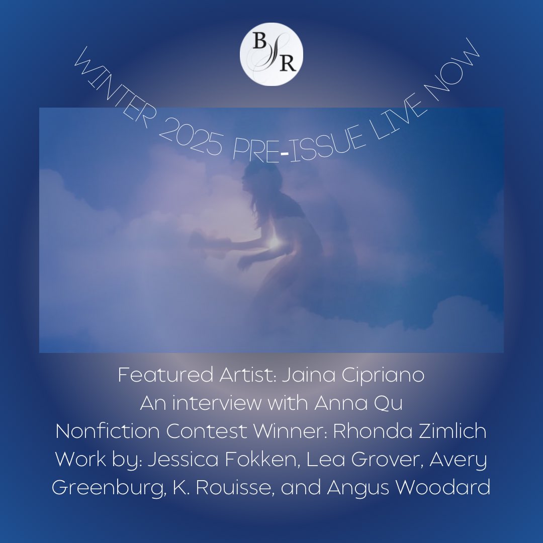 Barely South Review (@barelysouthr) on Twitter photo It’s here! LIVE today on our website. ⚡️
Our Winter 2025 Pre-Issue includes:
Featured Artist: Jaina Cipriano <a href="/jainastudio/">Jaina Cipriano</a>
An interview with Anna Qu
CNF Contest Winner: Rhonda Zimlich
Work by: Jessica Fokken, Lea Grover, Avery Greenburg, K. Rouisse, and Angus Woodard It’s here! LIVE today on our website. ⚡️
Our Winter 2025 Pre-Issue includes:
Featured Artist: Jaina Cipriano <a href="/jainastudio/">Jaina Cipriano</a>
An interview with Anna Qu
CNF Contest Winner: Rhonda Zimlich
Work by: Jessica Fokken, Lea Grover, Avery Greenburg, K. Rouisse, and Angus Woodard