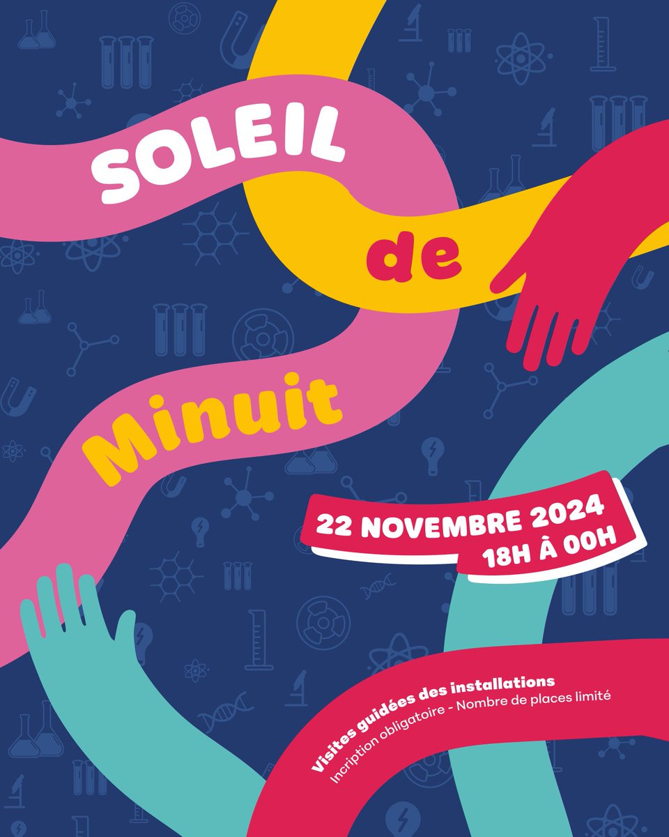 synchroSOLEIL's tweet photo. ☀️ Visiter SOLEIL la nuit 🌙  
Vendredi 22 novembre, pour la 12e édition du #SOLEILdeMinuit, le synchrotron ouvrira exceptionnellement ses portes pour des visites nocturnes de ses installations, de 18h à minuit.  
Infos &amp; inscriptions 👉 https://t.co/C9CKwhqc4D https://t.co/32tcnrgGMK