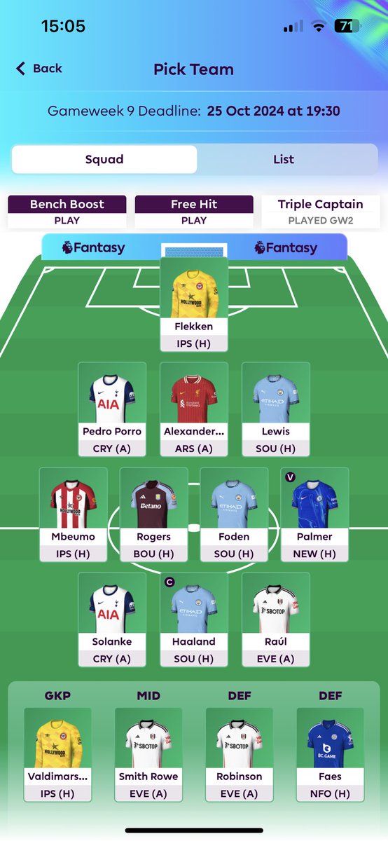 #GW9 🔒

🌍55k

↪️ Saka - Gabriel - DCL
↩️ Palmer - Pedro Porro - Raul Jimenez

First -4 taken of the season

GL ! 💪🏼

#FPL #FPLcommunity