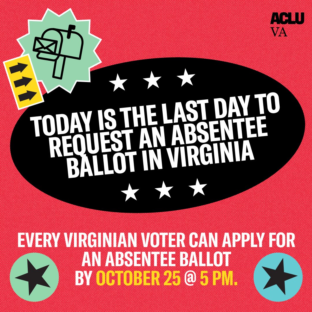 ACLUVA's tweet image. TODAY BY 5 PM ⌛ is the deadline to apply for a mail-in ballot in Virginia.

Whether you can't get to the polls in person because you're living abroad, working, or something else — EVERY Virginian voter can apply for an absentee ballot to #Vote4AVirginia4All.