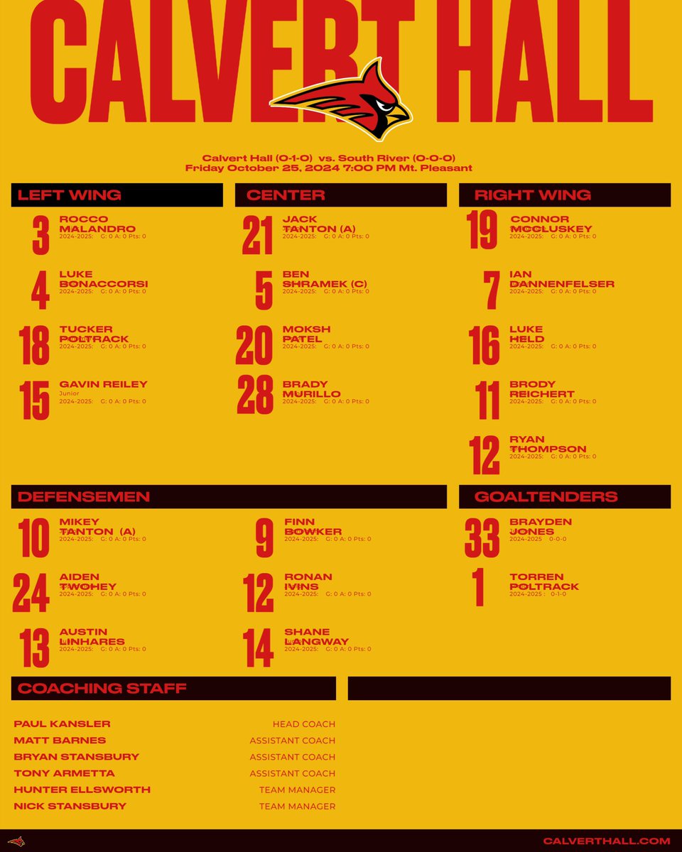 Home opener tonight <a href="/CHC_IceCards/">Calvert Hall Ice Hockey</a> 
7:00 PM @ Mount Pleasant vs. South River.

It’s a great day to be a Cardinal!!