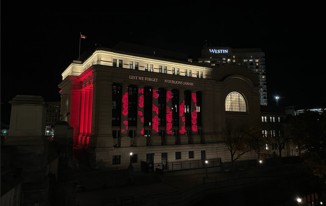 Tonight marks the start of the Legion’s Poppy Drop light display at Parliament Hill’s Peace Tower and on the Senate. The Poppy Drop light display aligns with the start of the 2024 National Poppy Campaign.

From October 25 - November 11, the Poppy Drop displays will run from 6:30