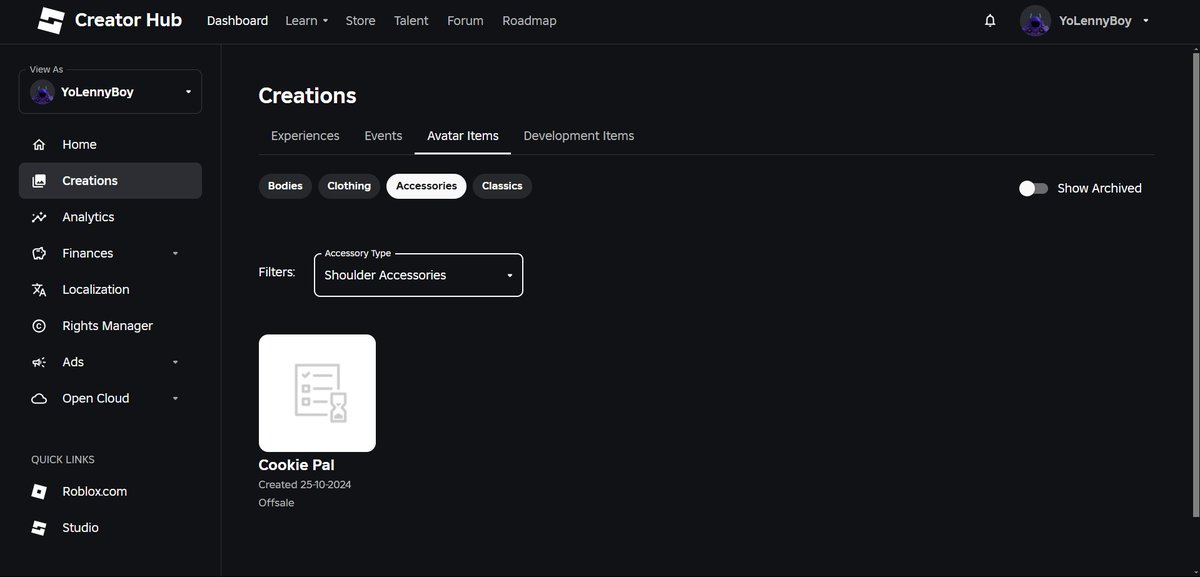 LegendLenn40757's tweet image. My 1st UGC item is getting processed. The only goal left is: getting 15K to make in Limited! 
#ugcroblox #RobloxUGC 

profile it probably get on: roblox.com/users/22822289…

Join my group on:  roblox.com/groups/3322306…