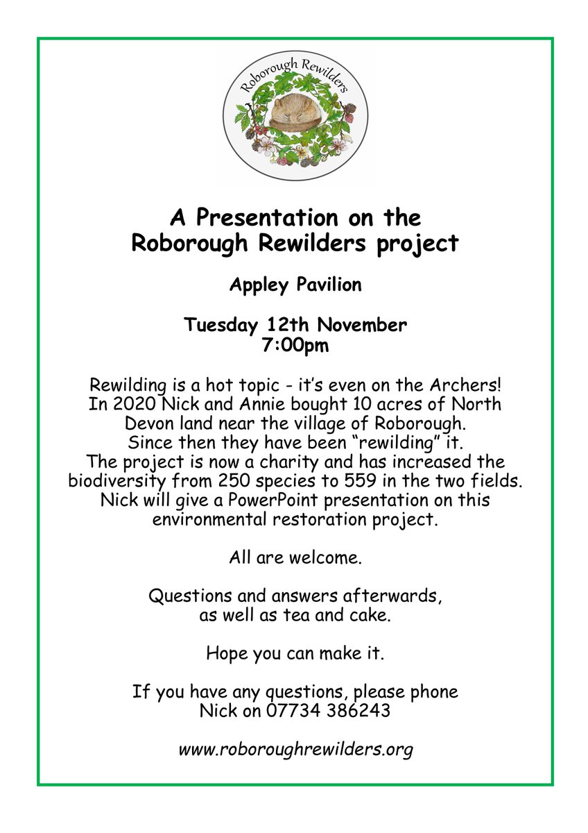 Hopefully see you there!🌱🌍
👇🏻
Appley Pavilion, Appley Cross, Stawley, Wellington TA21 0HH
.
#rewilding #rewildingproject #environmentalrestoration