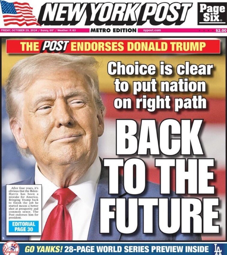 Donald J. Trump Posts From His Truth Social (@trumpdailyposts) on Twitter photo THANK YOU TO THE NEW YORK POST!
Donald Trump Truth Social 09:09 AM EST 10/25/24 <a href="/realDonaldTrump/">Donald J. Trump</a> THANK YOU TO THE NEW YORK POST!
Donald Trump Truth Social 09:09 AM EST 10/25/24 <a href="/realDonaldTrump/">Donald J. Trump</a>