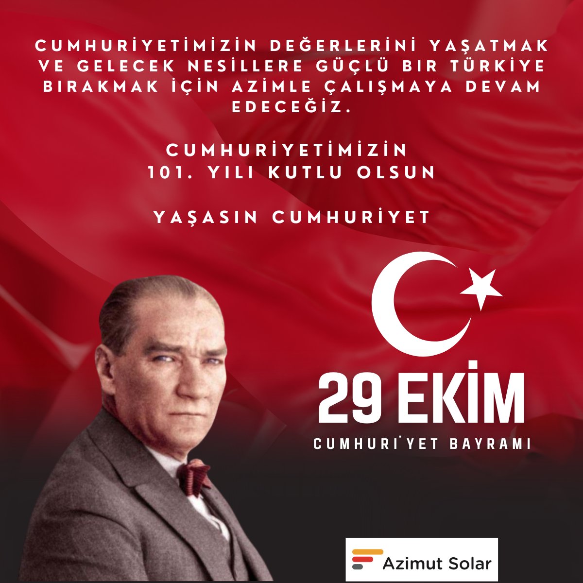 Cumhuriyetimizin değerlerini yaşatmak ve gelecek nesillere güçlü bir Türkiye bırakmak için azimle çalışmaya devam edeceğiz. Cumhuriyetimizin
101. yılı kutlu olsun Yaşasın Cumhuriyet #cumhuriyetimizin101yılı
#yaşasıncumhuriyet
#güçlüTürkiye
#cumhuriyetbayramı
#geleceknesillere