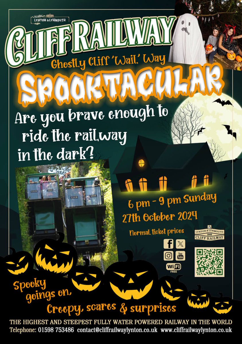 🎃SUN 27th Oct (6pm - 9pm) 🎃ride the Lynton &amp; Lynmouth Cliff ‘Wail’ Way in the dark, live actors, scares &amp; surprises - normal ticket prices - no booking required. 🎃 <a href="/visitexmoor/">Visit Exmoor</a> <a href="/VisitDevon/">Visit Devon</a> <a href="/BBCSpotlight/">BBC South West</a> <a href="/devontouraward/">Devon Tourism Awards</a> <a href="/ExmoorNews/">Exmoor News</a> <a href="/DevonLiveNews/">Devon Live News</a> <a href="/Devon_Hour/">#DevonHour</a> <a href="/NorthDevonVoice/">NorthDevonVoice</a>