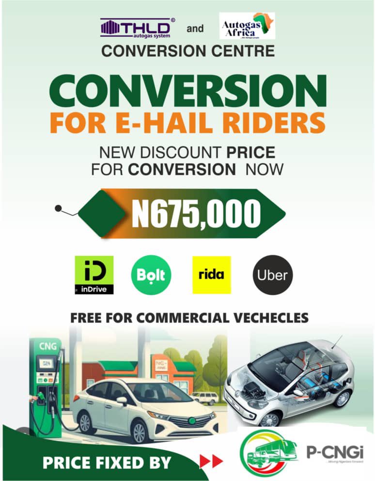 E HAILING APPS government is paying HALF while you pay just N675,000 for switching to CNG.
Come to us and get your first refuelling FREE.

Government is giving and we are also giving and the people will benefit.

AUTOGAS AFRICA….the autogas people 

WE ARE THE STANDARD.