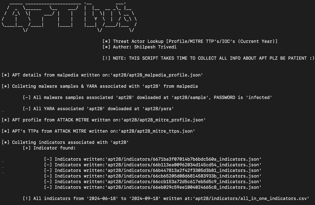 APT hub is published now,It is designed to collect the following data about the search APT

APT profiles from - <a href="/malpedia/">Malpedia</a> , <a href="/MITREattack/">ATT&CK</a>
IOCs of current year from - <a href="/OTX/">OTX</a>
Publish blogs on APT- <a href="/malpedia/">Malpedia</a> , <a href="/MITREattack/">ATT&CK</a> , <a href="/OTX/">OTX</a>
MITRE TTPs from - <a href="/MITREattack/">ATT&CK</a> 

github.com/CyberRa1/APT-H…