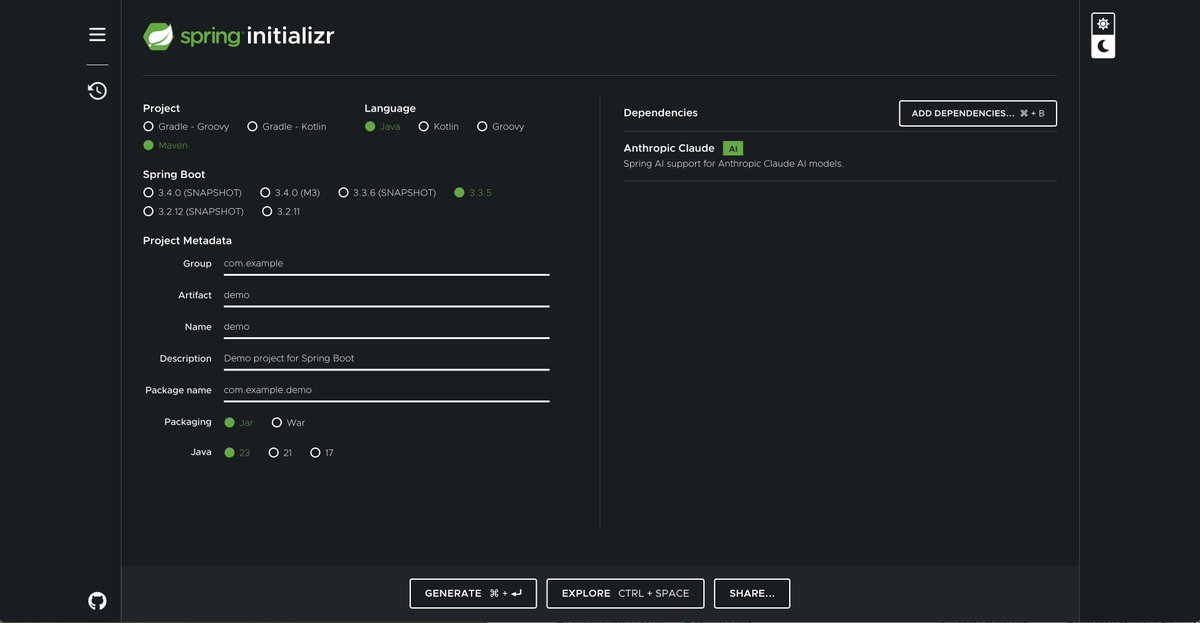 therealdanvega's tweet image. 🚀 Big news for Spring developers! 
The Anthropic Claude starter is now available on Spring Initializr. Build AI-powered Spring apps with AnthropicClaude in just a few clicks. 
#SpringBoot #AI #SpringFramework