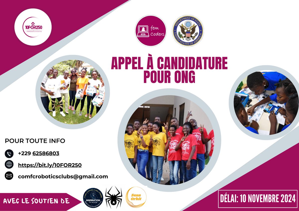 <a href="/femcoders15/">#femCodersRobotics</a>  et l'Ambassade des USA au #Bénin lancent le projet #10FOR250 dont l'objectif final est de former 25 filles des CEG avec la contribution des ONG dans 10 localités.
Postulez en cliquant bit.ly/10FOR250
<a href="/sensorbit_/">Sens Orbit Company</a>  <a href="/USEmbassyBenin/">U.S. Embassy Cotonou</a> 
#USinBenin
#femCoders15