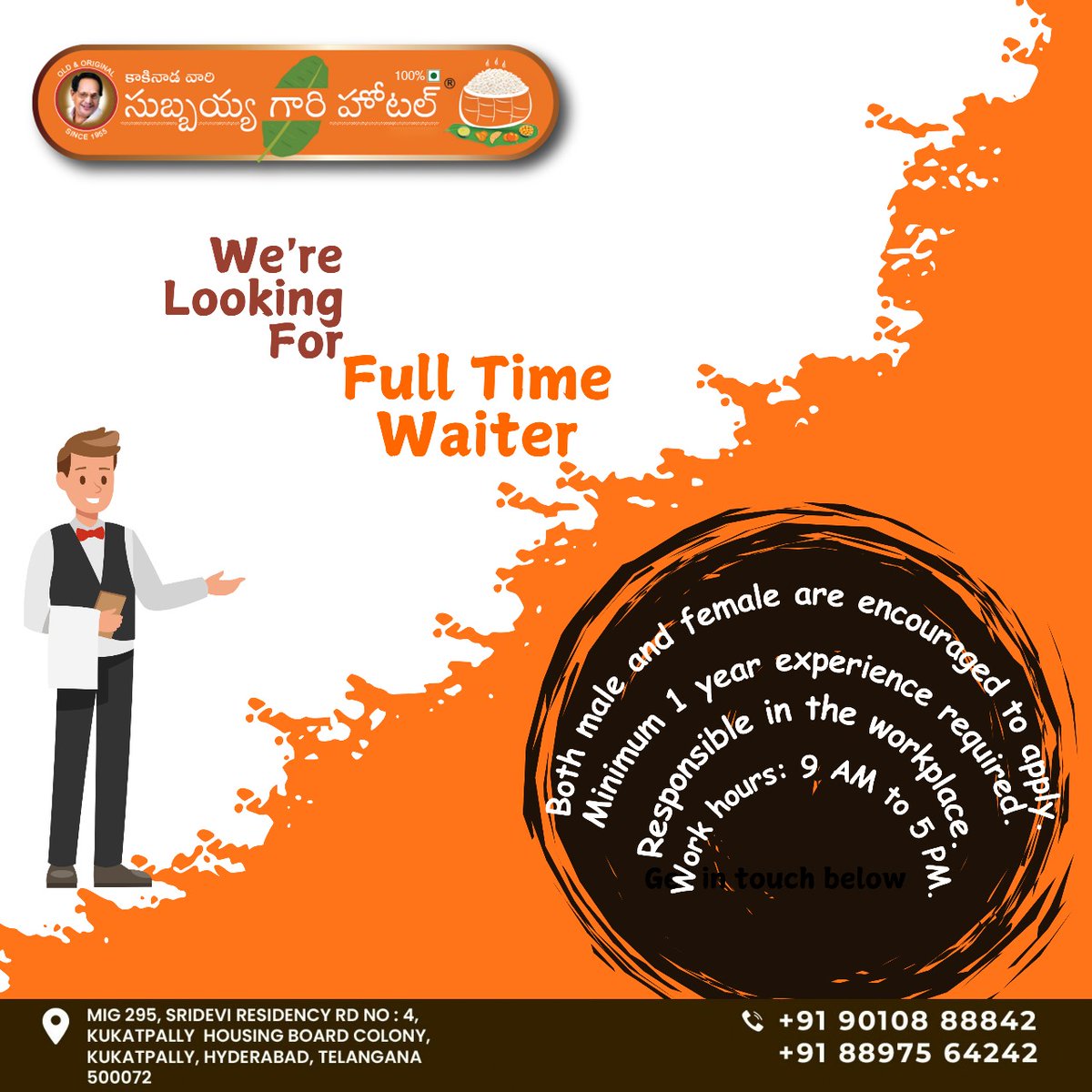 subbayyahotel's tweet photo. 🌟 Hiring a Full-Time Waiter! 🌟

Both male and female are welcome. 🙋‍♂️🙋‍♀️

Call us or walk in directly to our KPHB location:

📞 9010888842
📞 8897564242

📍 MIG 295, Sridevi Residency, Rd No. 4
KPHB, Hyderabad.

#JobOpening #Hiring #Waiter #KPHB #Hyderabad #JoinUs #WorkWithUs https://t.co/EzcrlFTy7I