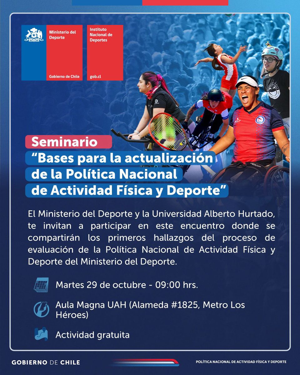 Participa en el Seminario “Bases para la actualización de la Política Nacional de Actividad Física y Deporte”

Construyamos el futuro del deporte entre todos y todas.

🗓️ Martes 29 de octubre
📍 Aula Magna Universidad Alberto Hurtado 
🕢 9:00 hrs.
🎟️ Entrada liberada