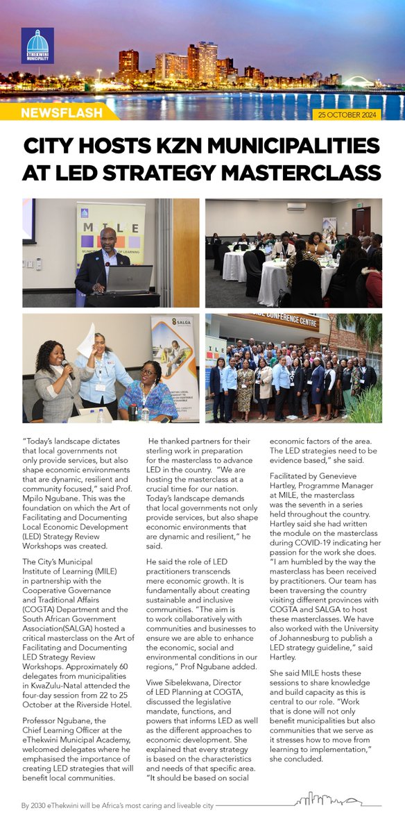 eThekwiniMILE's tweet photo. 🗣️This week, MILE welcomed around 60 officials from KwaZulu-Natal municipalities to a Master Class on mastering the Art of Facilitating &amp; Documenting LED Strategy Review Workshops. The session aims to strengthen local government capacity across provinces in terms of #LEDStrategy. https://t.co/XWSTuW8jK9