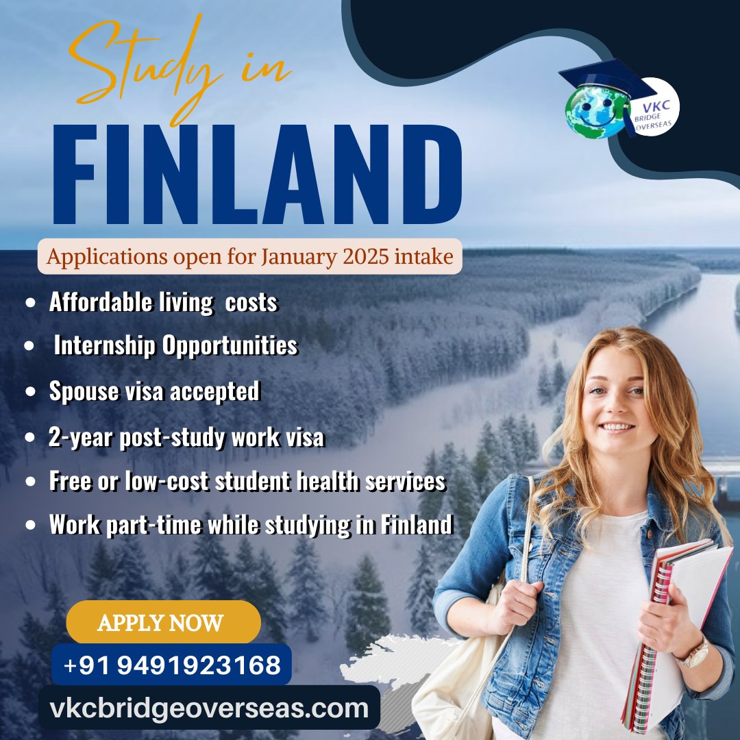 VkcBridge's tweet photo. Study in Finland

Are you ready to take the next step in your education?

Finland offers an incredible opportunity for international students, and we’re excited to announce that applications are now open for the #January2025intake

#StudyInFinland #VKCBridgeOverseas https://t.co/ii8Rtq0Y9q