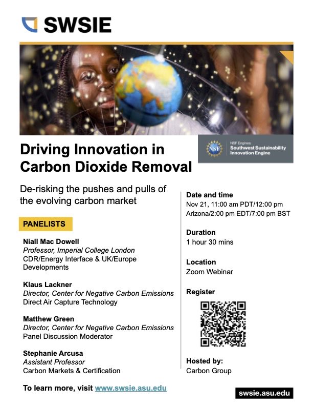 Join us for a webinar on carbon capture, utilization, and storage and a discussion about the evolving energy, monitoring, and legislative landscapes. <a href="/Niallmacdowell/">Niall</a> <a href="/klaus_lackner/">Klaus Lackner</a> <a href="/StephanieArcusa/">stephanie arcusa</a>