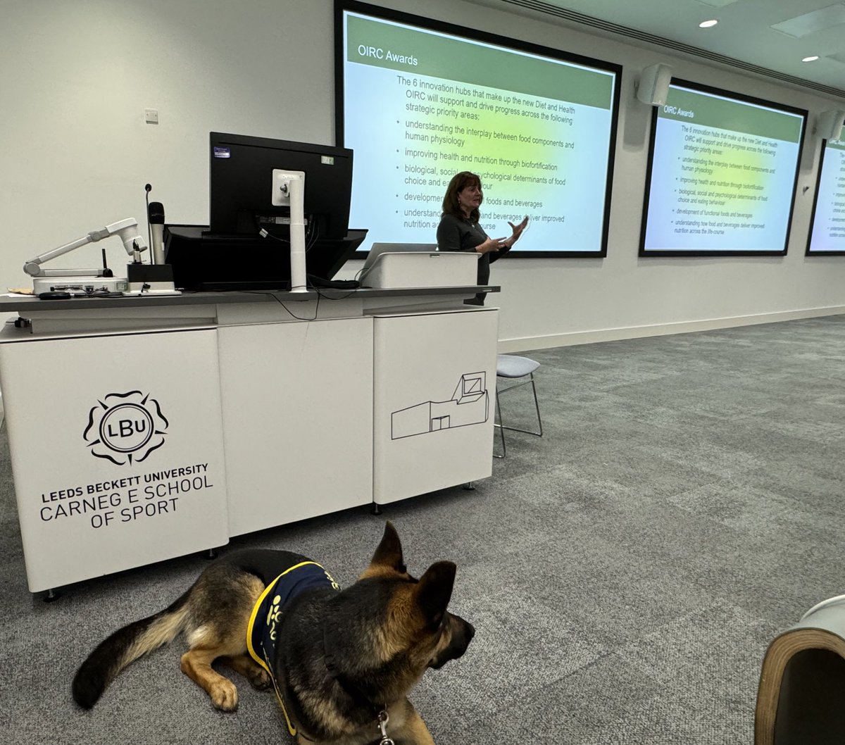 Professor <a href="/louisedye/">louise dye</a> from <a href="/sheffielduni/">The University of Sheffield</a> &amp; Uni of Leeds on the Diet and Health Open Innovation Research Club (OIRC). Lots of opportunities for funded collaborations with industry partners although Harmony is stealing the show 🐕 

<a href="/psycenLBU/">@PsyCen</a> <a href="/Carnegie_Sport/">Carnegie School of Sport</a> <a href="/LBU_RaE/">Research and Enterprise at Leeds Beckett</a> <a href="/leedsbeckett/">Leeds Beckett</a>