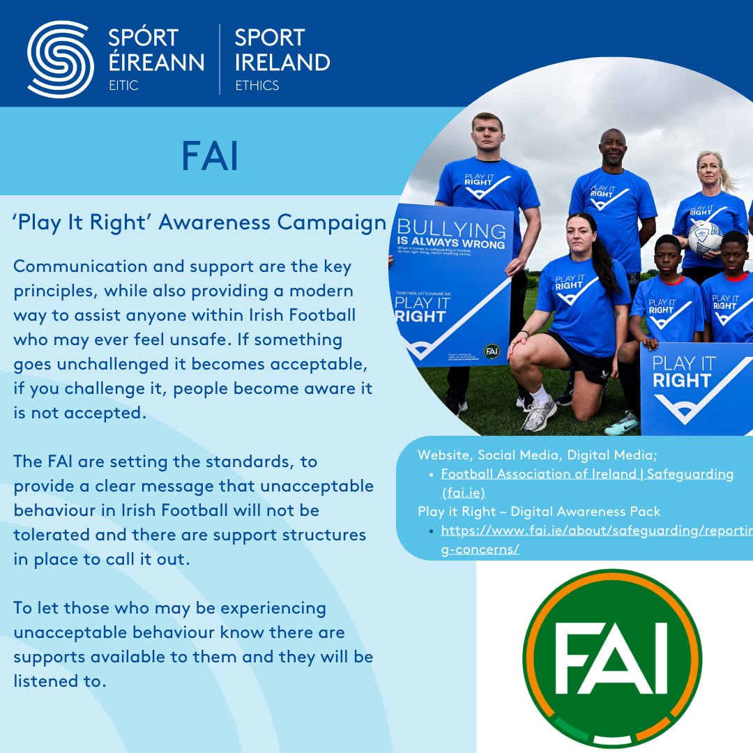 ⚽️ FAI’s "Play It Right"!

After consulting with key stakeholders, the FAI is expanding its Play It Right campaign to better support Safeguarding Officers, Children's Officers, and Designated Liaison Persons at grassroots clubs. This initiative will streamline reporting concerns,