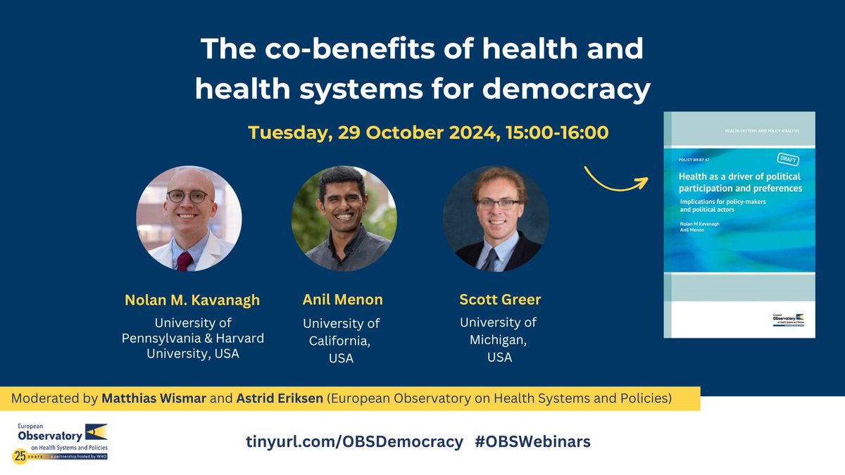 European Observatory on Health Systems & Policies (@obshealth) on Twitter photo 🏛️ Health is central to people’s lives yet an under-appreciated influence on politics. What can health systems do to ensure the opinions of people with poor health are heard?
Join us at #OBSwebinars to find out!
⏱️ Tues 29 Oct, 15:00 CET eurohealthobservatory.who.int/news-room/even… w/ <a href="/scottlgreer/">Scott L. Greer 🇺🇦</a> 🏛️ Health is central to people’s lives yet an under-appreciated influence on politics. What can health systems do to ensure the opinions of people with poor health are heard?
Join us at #OBSwebinars to find out!
⏱️ Tues 29 Oct, 15:00 CET eurohealthobservatory.who.int/news-room/even… w/ <a href="/scottlgreer/">Scott L. Greer 🇺🇦</a>
