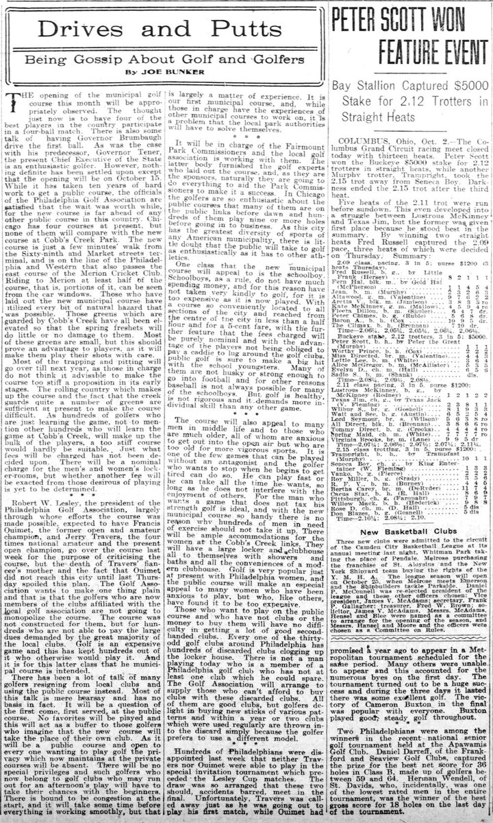 Joseph Bausch (@jwbausch) on Twitter photo It is late 1915 and the excitement of Philadelphia's 1st public golf course (Cobb's Creek) is building. Here is a good read on the topic from the October 3, 1915, issue of the Philadelphia Inquirer. <a href="/cobbscreekfnd/">Cobbs Creek Foundation</a>
Note: Cobb's opening was delayed and happened in May of 1916. It is late 1915 and the excitement of Philadelphia's 1st public golf course (Cobb's Creek) is building. Here is a good read on the topic from the October 3, 1915, issue of the Philadelphia Inquirer. <a href="/cobbscreekfnd/">Cobbs Creek Foundation</a>
Note: Cobb's opening was delayed and happened in May of 1916.