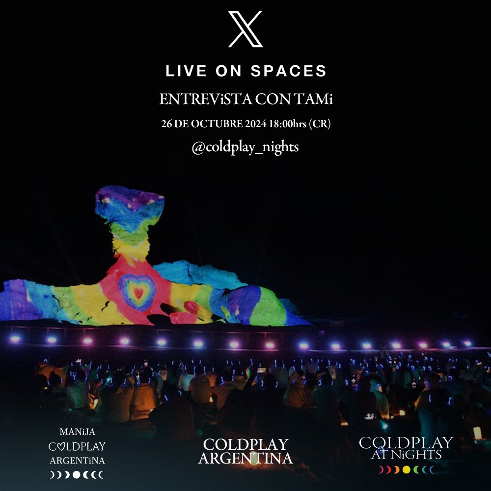 Coldplay_nights's tweet photo. 🎙️🌙 ¡Este sábado en X, tendremos una entrevista especial en un Space sobre Moon Music y la experiencia en el Valle de la Luna! 🏜️✨

Estaremos conversando con invitados muy especiales entre esos nuestra querida @TamaTam39500485 quien nos compartirá su experiencia personal. https://t.co/AKcXStowQI