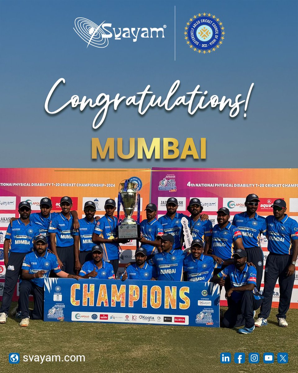 SvayamIndia's tweet image. #Congratulations to #Mumbai, the champions! 🏆

Your unwavering determination and skill have led you to victory in the finals, showcasing the true spirit of the game. This triumph is a testament to your hard work and teamwork!

A huge round of #applause for all teams who