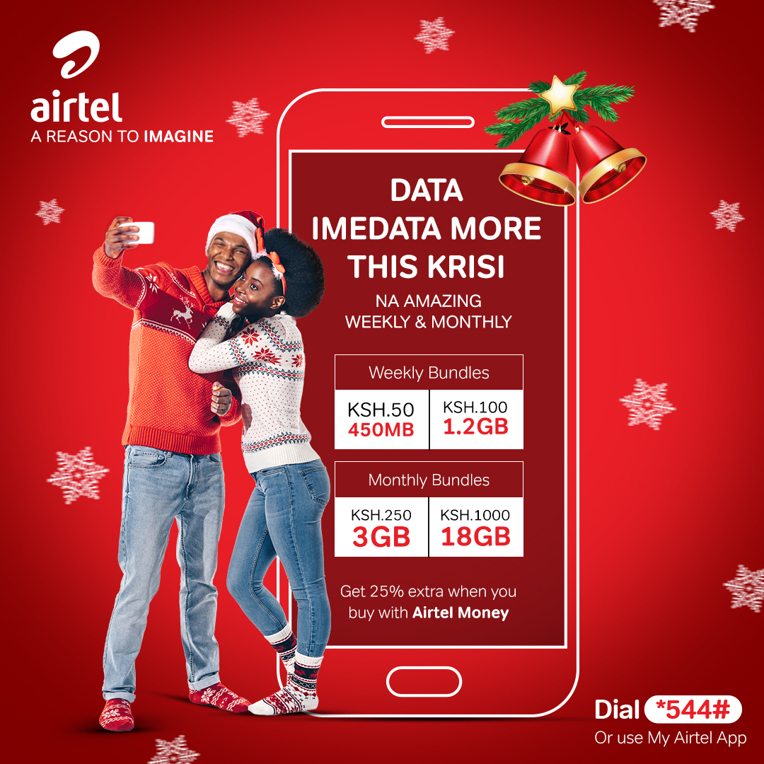 AIRTEL_KE's tweet photo. Data imedata more this Krisi! Enjoy more data with Airtel’s Amazing Weekly and Monthly Data Bundles. Dial *544# or Use My Airtel App https://t.co/i2AH1iWbFk to subscribe.
#AmazingDataBundle
T&Cs apply https://t.co/K4Q8tUa0VT