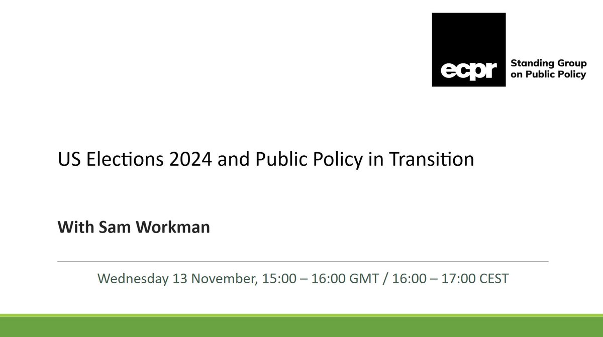 Coming soon: Excited to announce the next event in our webinar series: @SamuelGWorkman from West Virginia University will offer a live look-in at the 2024 US Elections and what they mean for the prospects of policy reform. Join us! 🇺🇸ecpr.eu/Events/Event/P…