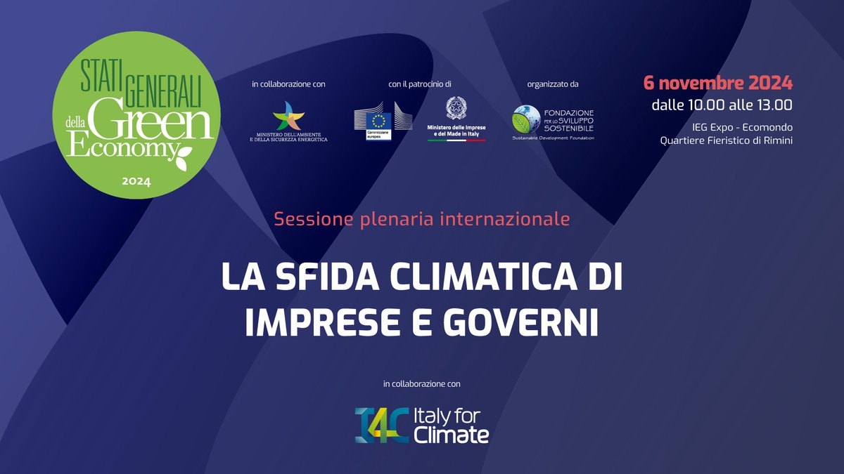 Agli #statigreen24 il 6 novembre la sessione plenaria internazionale dedicata alla sfida climatica di imprese e governi. Organizzata in collaborazione con @ItalyforClimate 

🔎𝗜𝗻𝗳𝗼: bit.ly/4hmGGc0
✍️🏽𝗜𝘀𝗰𝗿𝗶𝘇𝗶𝗼𝗻𝗶: bit.ly/StatiGreen24_I…